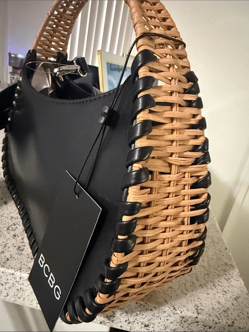 BCBG Black Hobo Bag with Tan Woven Handle